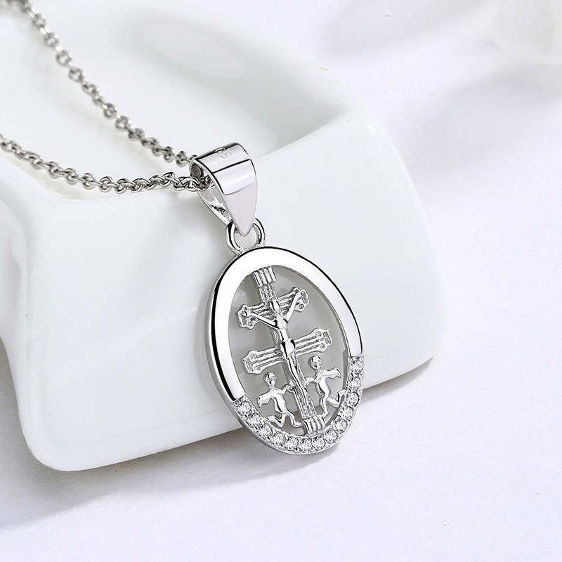 Wind Jewelry Pure Sier Oval Jesus Cross Pendant Fashion Simple Inlaid Dia Necklace Women's Accessories Jewelry for Women
