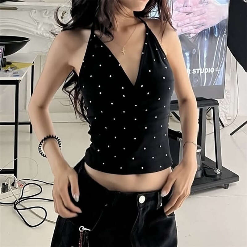 2025 Summer New Halter V-Neck Polka Dot Print Sleeveless Slim Fit Versatile Crop Top 635