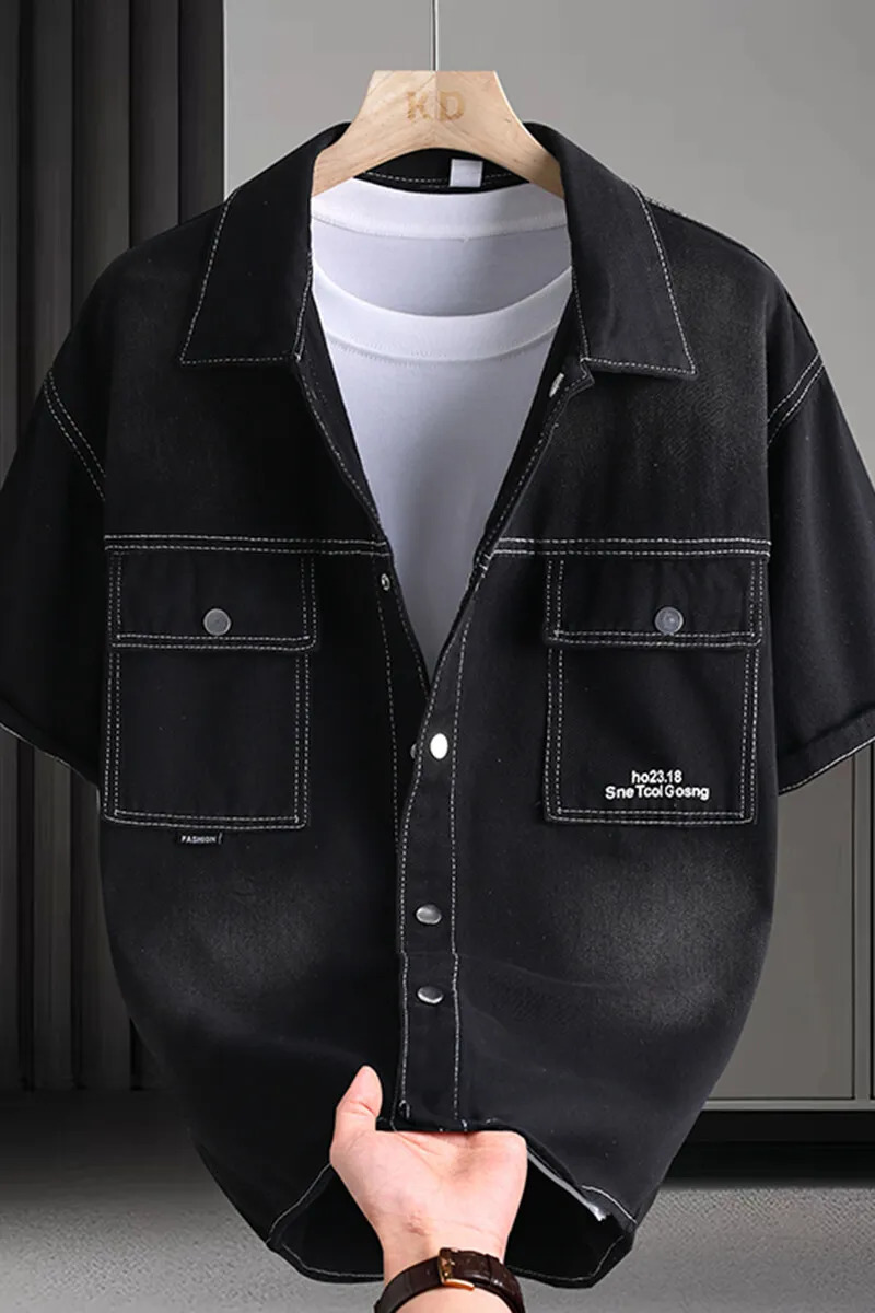 Trendy Mens Solid Denim Shirt Soft Breathable Lapel Collar DoublePocket ShortSleeve Casual Comfortable Top 250725