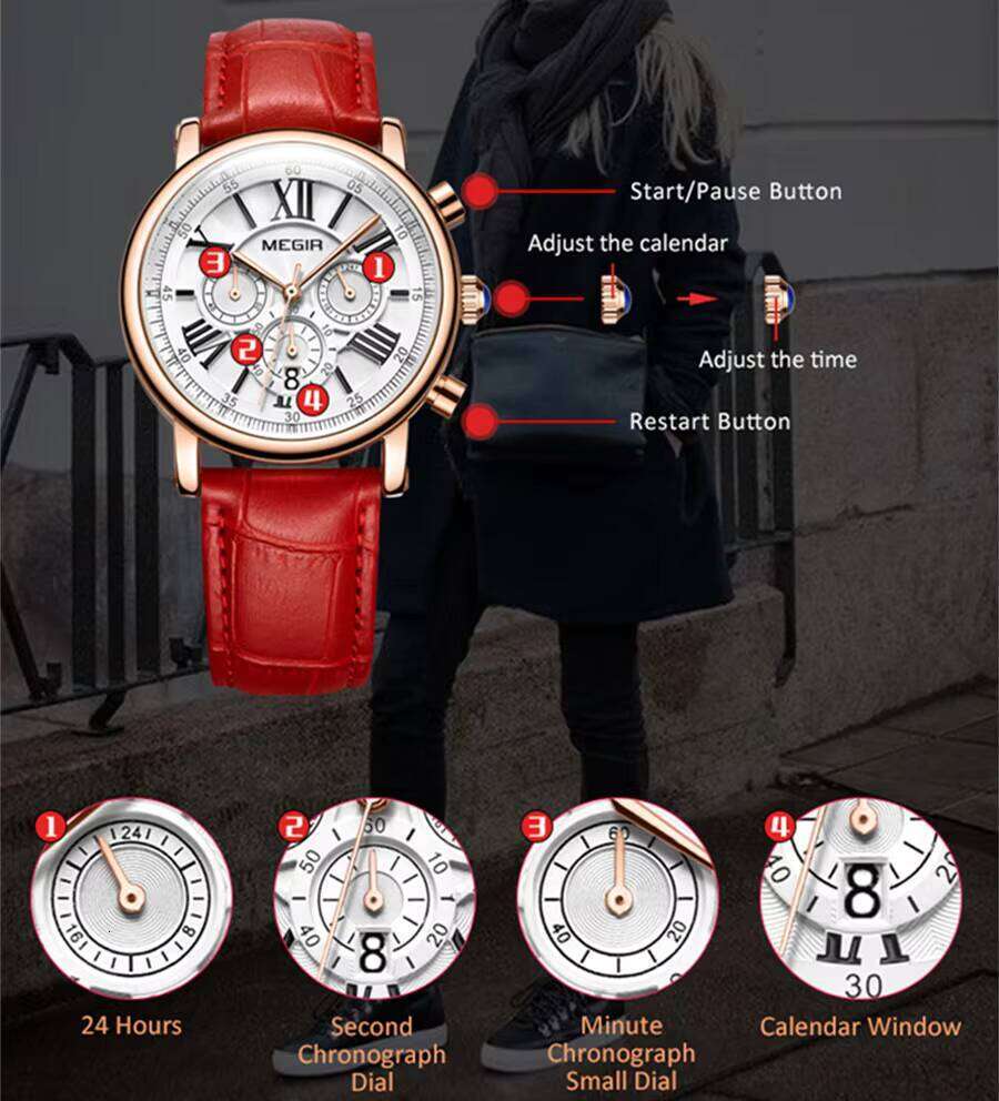 MEGIR Women's Roman Numerals Watch - Leather Strap, Chronograph, Waterproof, 38mm - Fashion Quartz