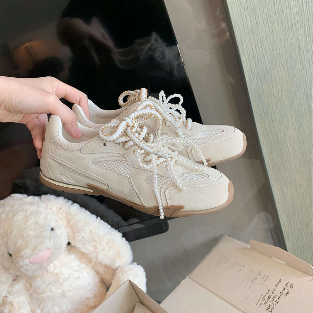 2025 Spring New Thick-Soled Sports Comfortable Soft Sole Breathable Dad Pearl Lace-Up Silver Casual Women's Shoes
