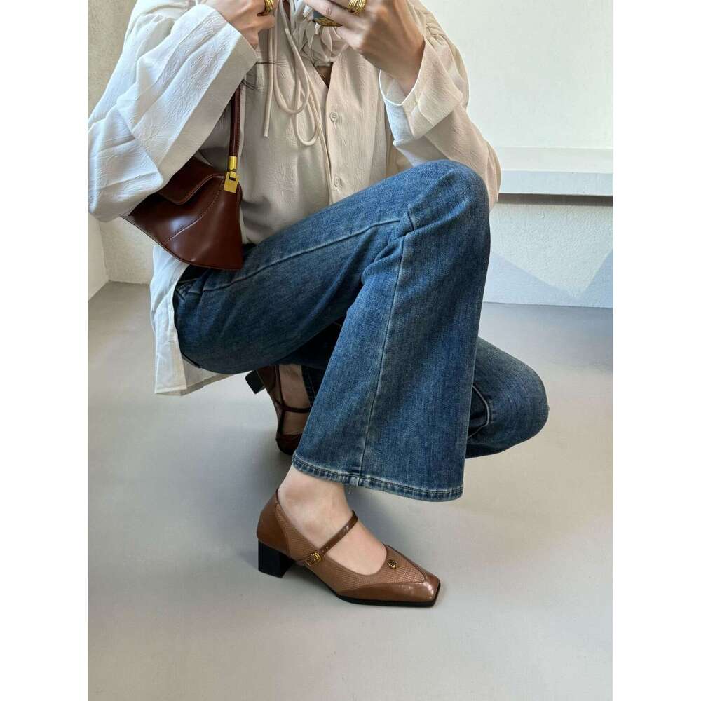 Camellia Single Women, Chunky Heel, Comfortable, Korean Style, Niche High Heels, Woven, High-End Feel, Versatile Shoes for Women