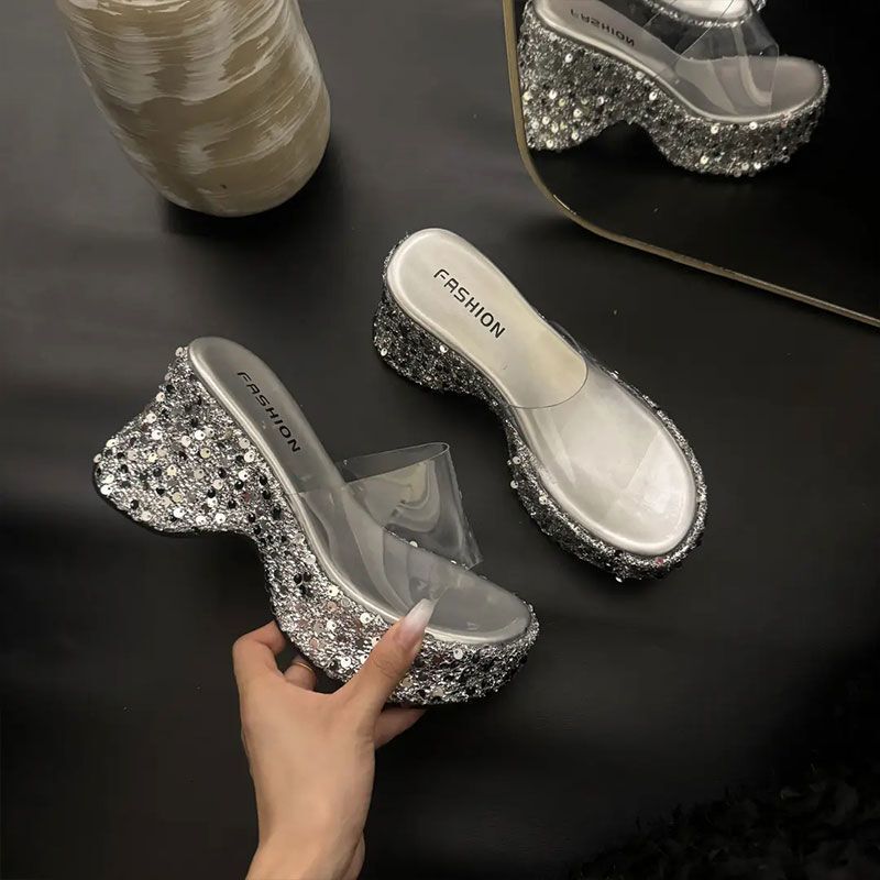 Summer Versatile Casual Thick-Soled Slippers Fashion Sequin Transparent One-Strap Women's Square-Toe Wedge High-Heel Sandals ddmythur
