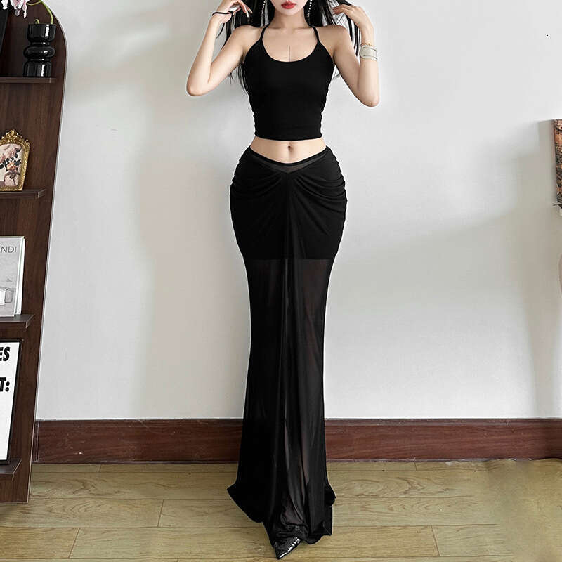 2025 Summer Style New Black Leg-Lengthening Versatile Semi-See-Through Mesh Long Skirt for Women 28e