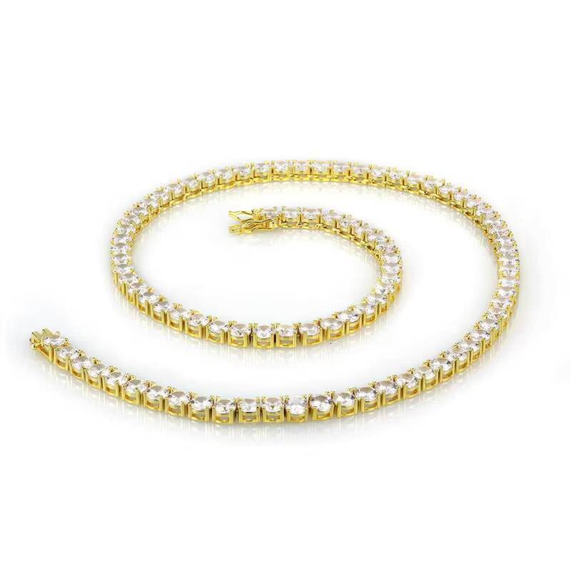 Cubic Zirconia Tennis Chain Necklace 18k Gold Plated Mens Iced Out Tennis Chain