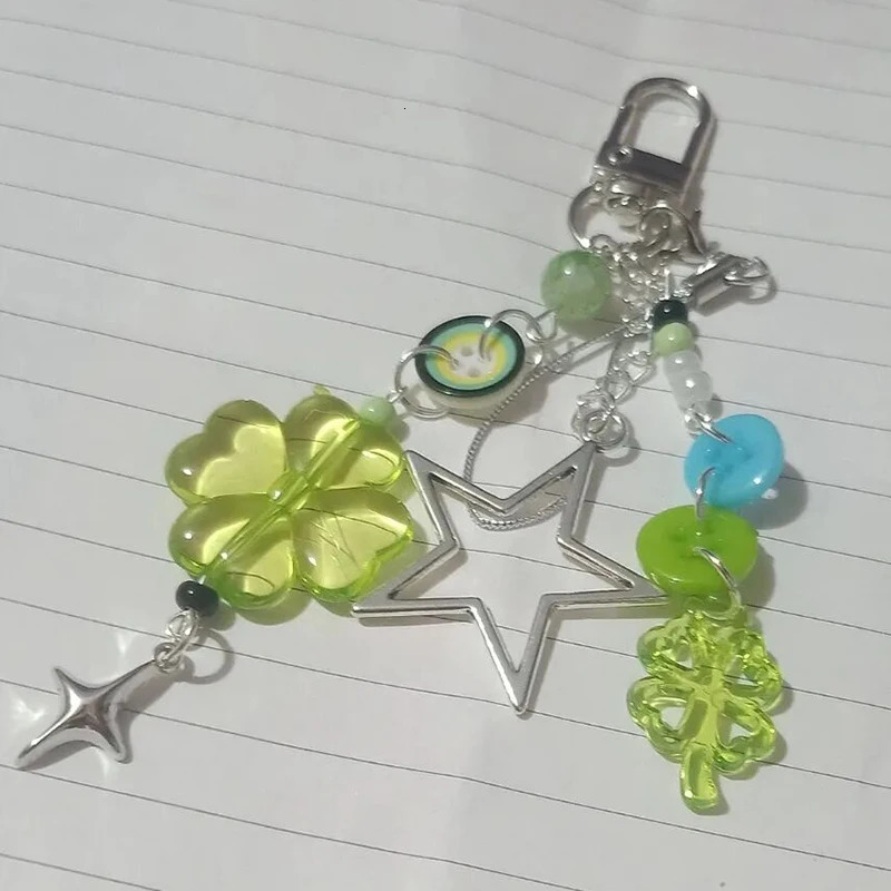 Anime Green Four Leaf Clover Cosplay Keychain Keyring Phone Chain Key Chain Star Colorful Button Pendant Jewelry Accessory Props 250722