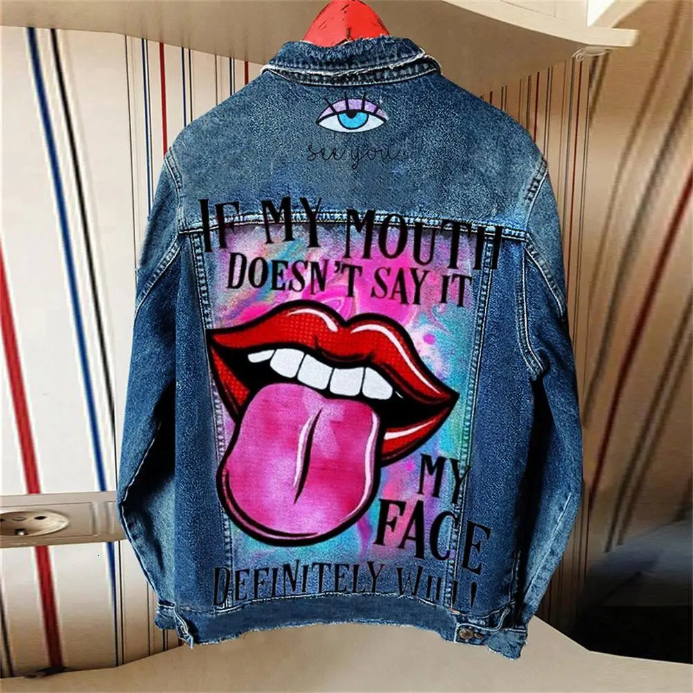 Womens Autumn Selling Street INS Net Red With The Same PLayful Tongue Out Print Pattern Lapel Denim Jacket 250724