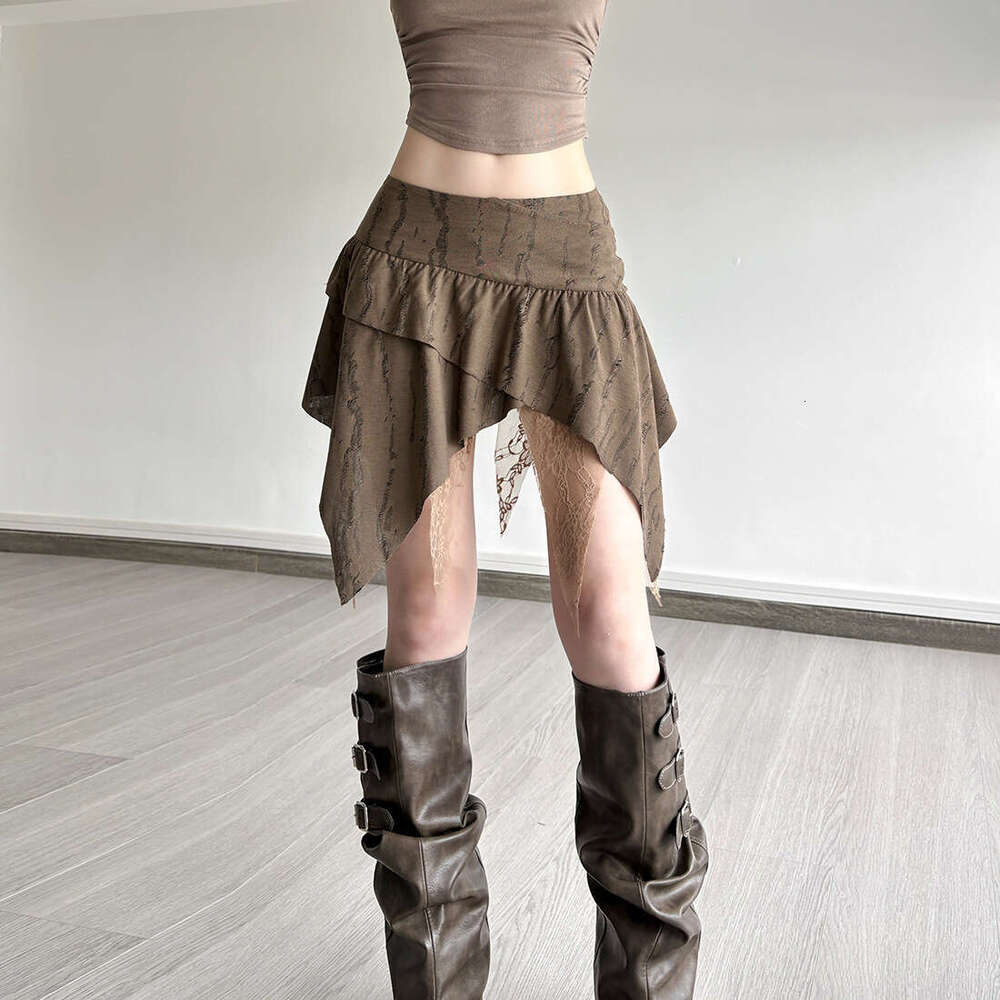 2025 Summer New Pure Desire Ins Style Irregular High Waist Solid Color Lace Trim Slim Fit Half Skirt for Women db2