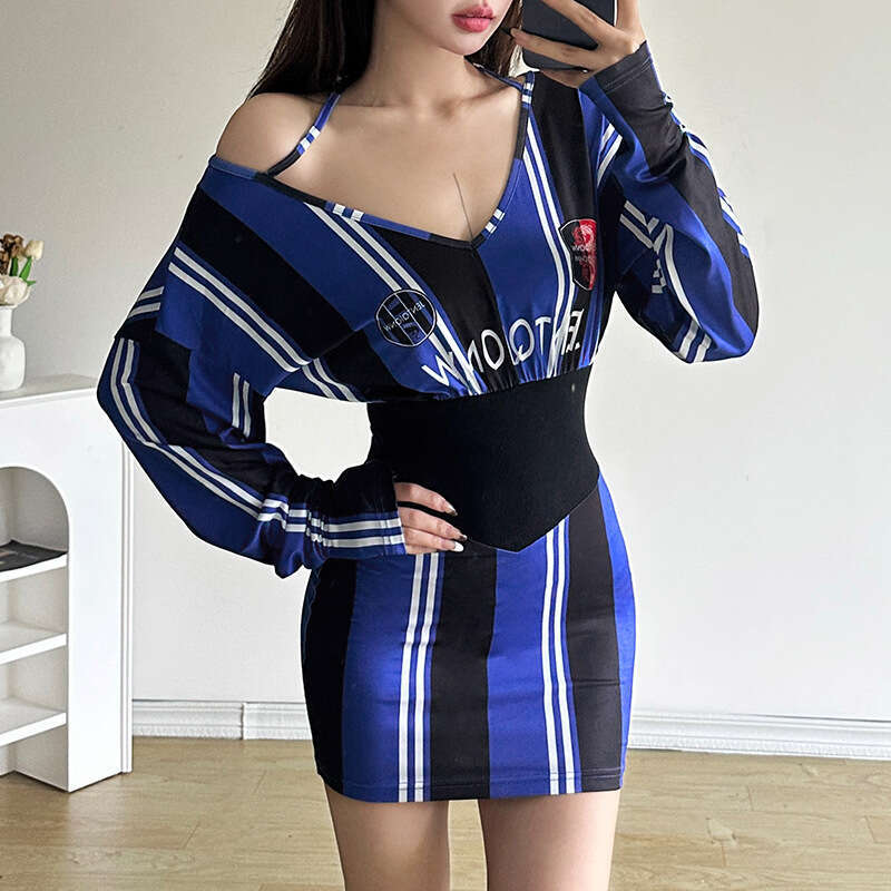2024 Summer New Women's Solid Color Slim High Waist Fashion V-neck Long Sleeve Printed Dress 6b5