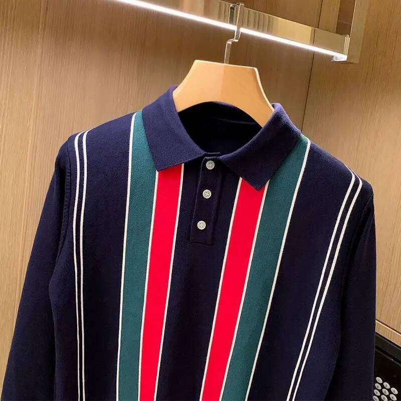 French Men Knitted Polo Shirts Long Sleeve Striped Turn-Down Collar T-Shirts Tops Slim Design