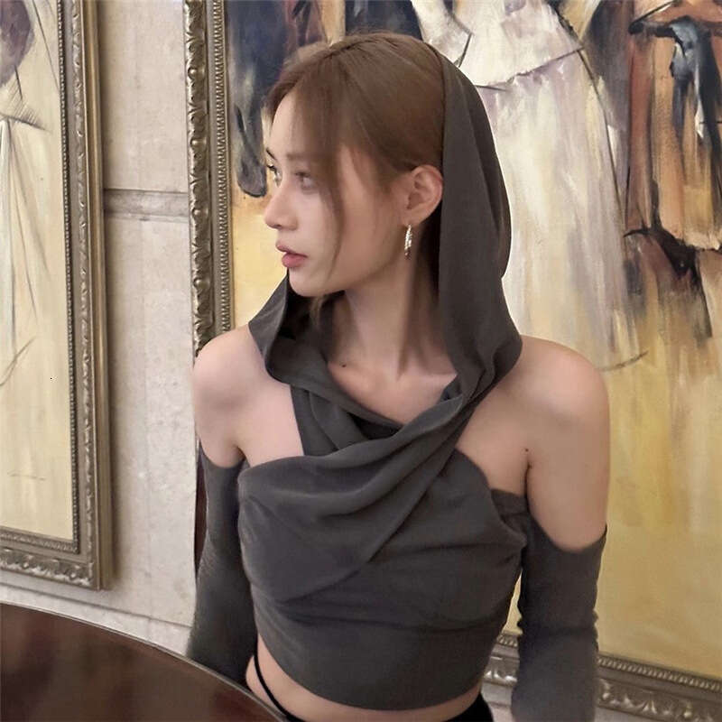 2023 Summer New Women's Solid Color Slim Fit Crop Top Street Fashion Hooded Long Sleeve T-Shirt ee7