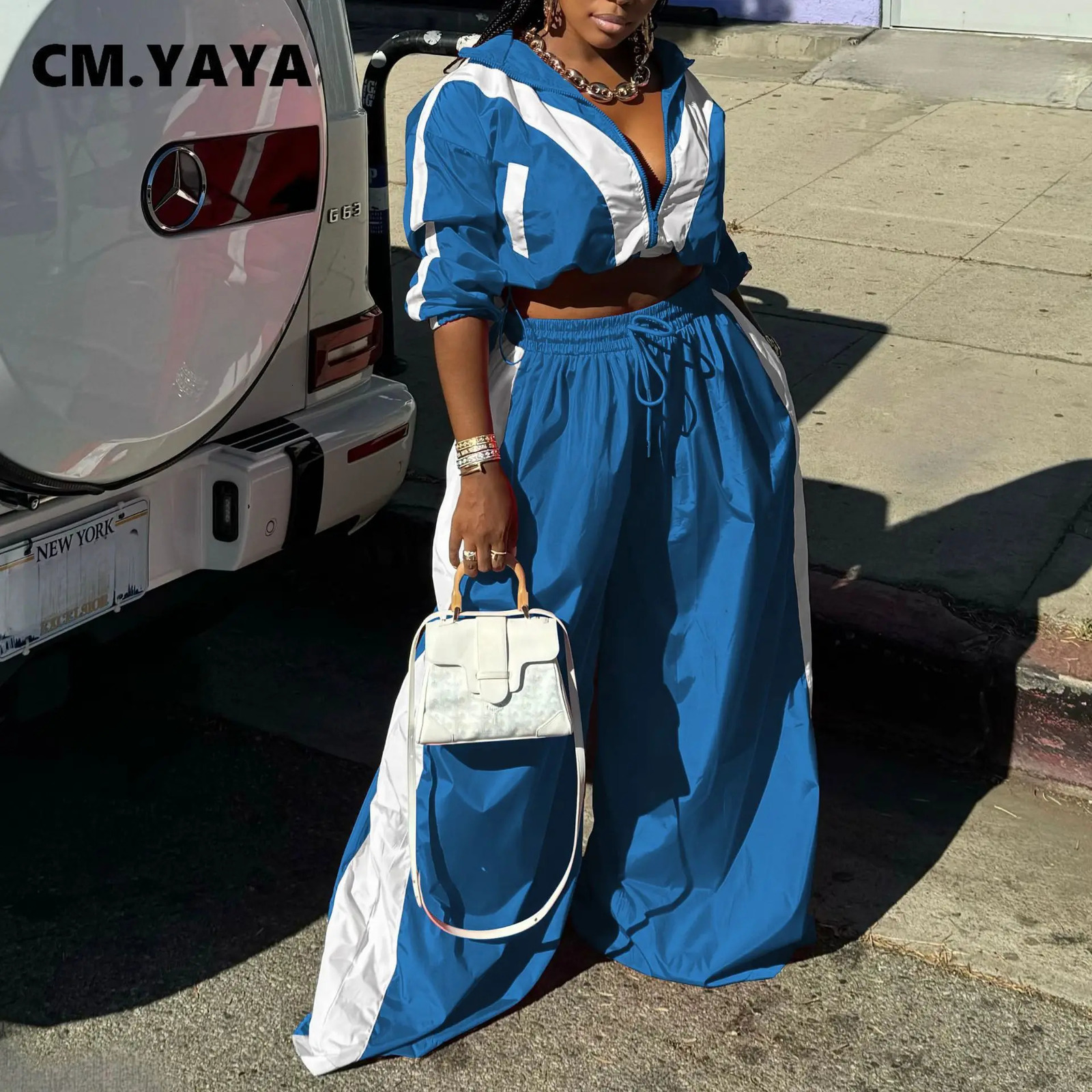 INS Two-Piece Set Outfit Tracksuit CM.YAYA Active Patchwork Womens Set with Zipper Sweatshirt Jacket and Wide Leg Pants 250723