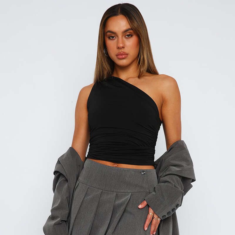 Ytp184 Women's Winter New Solid Color One-Shoulder Backless Ruched Tank Top T-Shirt B5