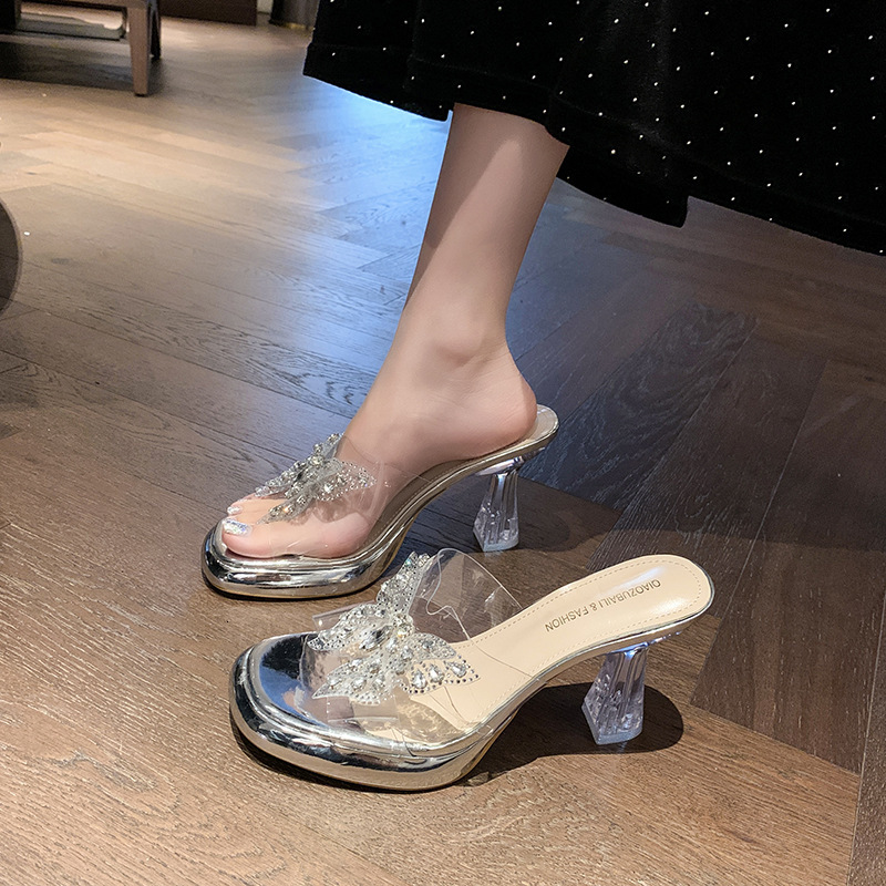 Ddmysports High For Women Summer Open Toe Transparent Chunky Heel Sandals Outdoor Waterproof Platform Rhinestone Bowknot One Strap Slippers Outdoor Sh