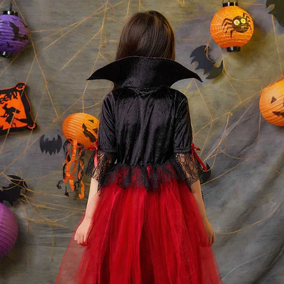 Vampire Costume for Girls Halloween Princess Par Dress Kids Cosplay Dresses Children Stand Collar Tulle Lace Black Red Clothes Z250725