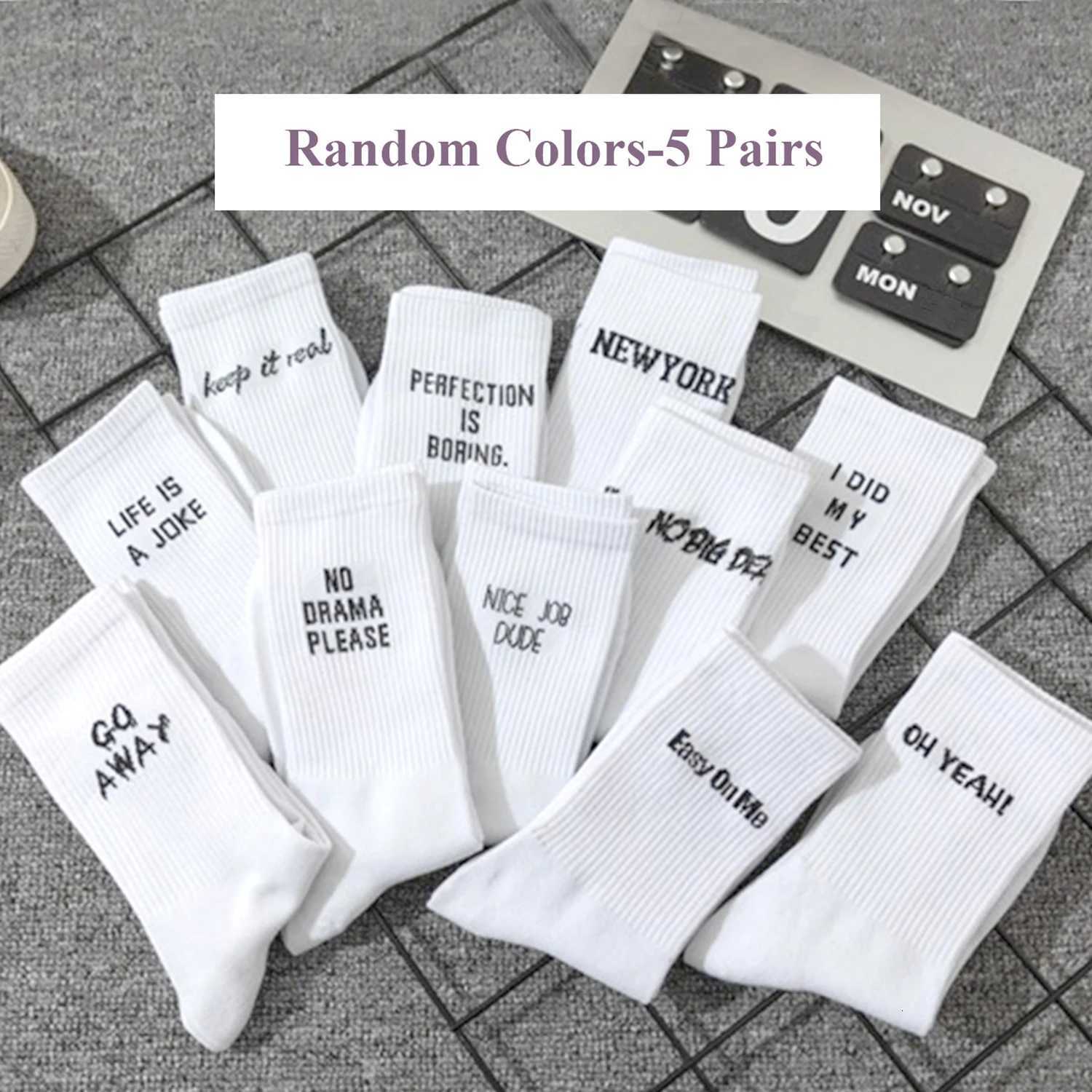 5 Pairs/Set New Women Letter Jacquard Series White Cotton Socks Street Sports Hip Hop Fashion Men Unisex Socks Dropship X250725