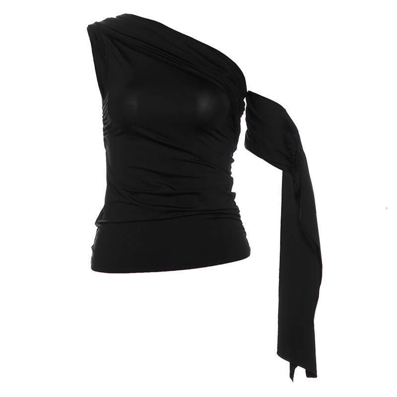 Women's Clothing 2025 Spring Summer New Sexy Off-Shoulder Ribbon Short Sleeve Slim Fit T-Shirt 093
