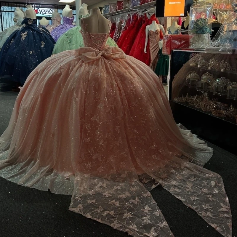Light Pink Quinceanera Dresses Spaghetti Strap Ball Gown Sweet 16 Dress Beads Bow Tull Corset Birthday Party Vestidos 15 De Anos