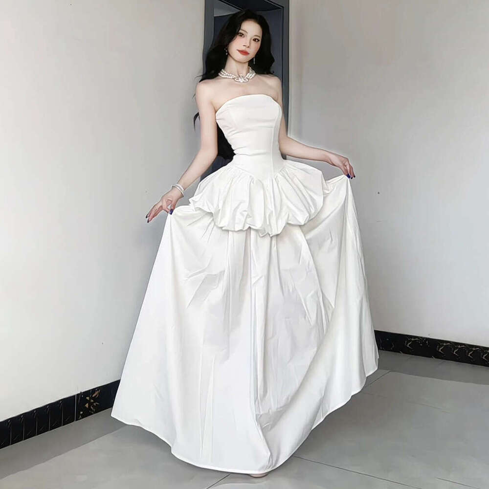 2025 Summer INS Style New Solid Color Waist-Cinching Flower Bud Strapless Slim Elegant Dress ea5