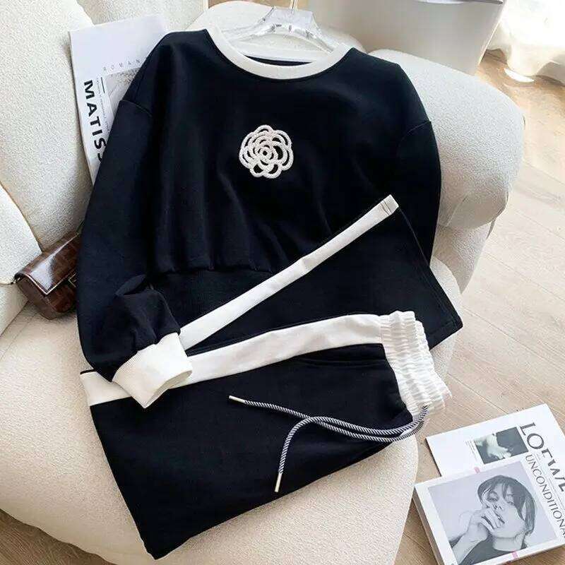 Designer Leisure High Quality Women Sweater Knitted Suit Pullover Top And Pant Two Set Female 2 Piece Tracketsuit Flower Vintage Camellia Clothes