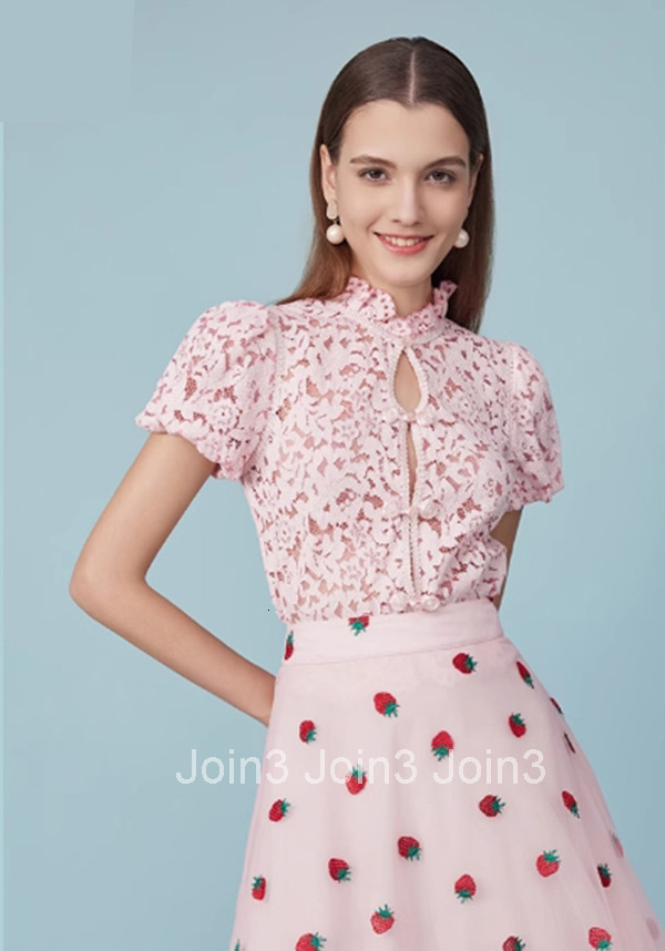 Summer New Versatile New Chinese Style Button Top Women Stand Collar Pink Lace Blouse 2390