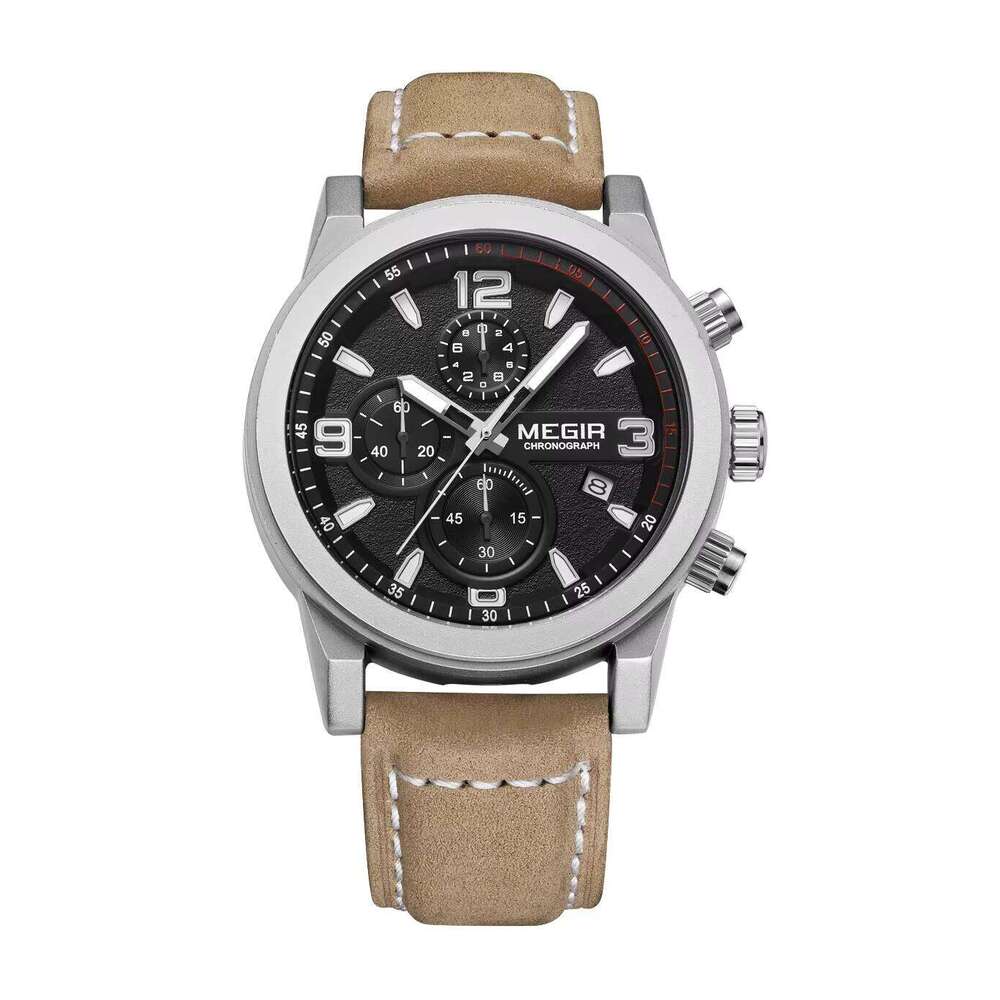 DHwatches MEGIR Men's Sports Chronograph Watch - 50M Waterproof, Luminous, Leather Strap, Quartz Wristwatch for Active Men
