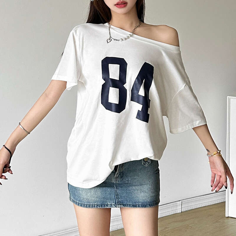 2024 Summer New Women's Street Fashion Letter Print Asymmetrical Neck Loose T-Shirt 16d