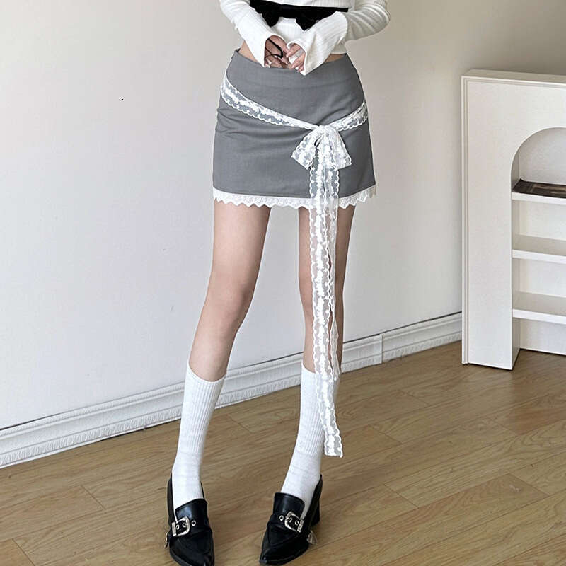 2023 Winter New Women's Street Fashion High-Waisted Lace Trim Skirt 42e