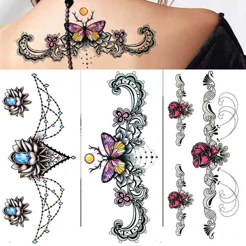 3Pcs Waterproof Temporary Tattoo Sticker Flower Rose Flash Butterfly Lace Lady Body Art Arm Fashion Fake Sleeve Women