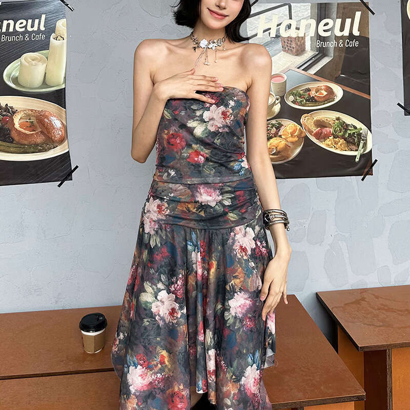 2025 Summer INS Style New Pure Desire High Waist Slim Fit Sleeveless Printed Tube Top Dress d6b