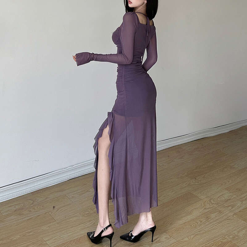 2023 Autumn New Women's Solid Color Slim Fit High Waist Fashion Square Neck Long Sleeve Mesh Dress a54