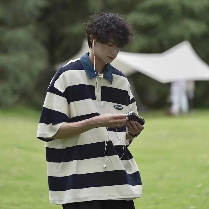 Japanese Retro Striped Color Blocked Short Sleeved Polo Shirt For Mens Y2K Summer Trend Loose And Versatile Polo Shirt Fashion XJ250725