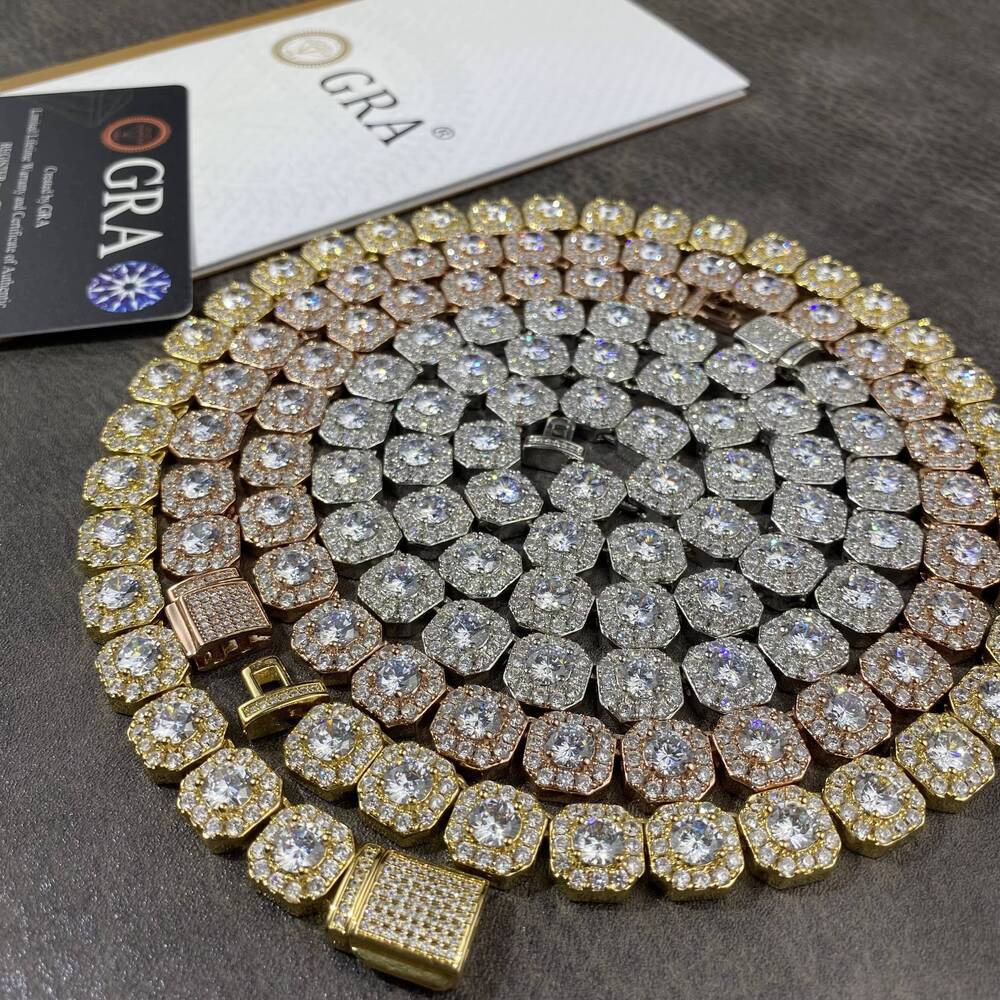 Fine Jewelry Hiphop 925 Sterling Silver D VVS Diamond Moissanite 10mm Cluster Tennis Chain Mens Necklace