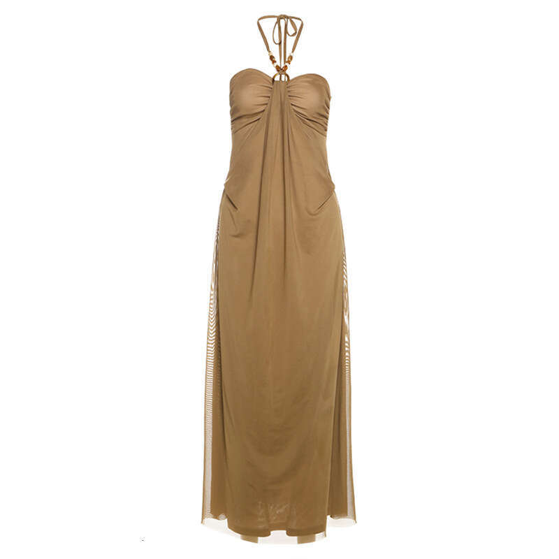 2025 Summer New Halter Neck Sleeveless Backless Slim Fit Waist-Cinching Solid Color Long Dress Women's Fashion 0a0