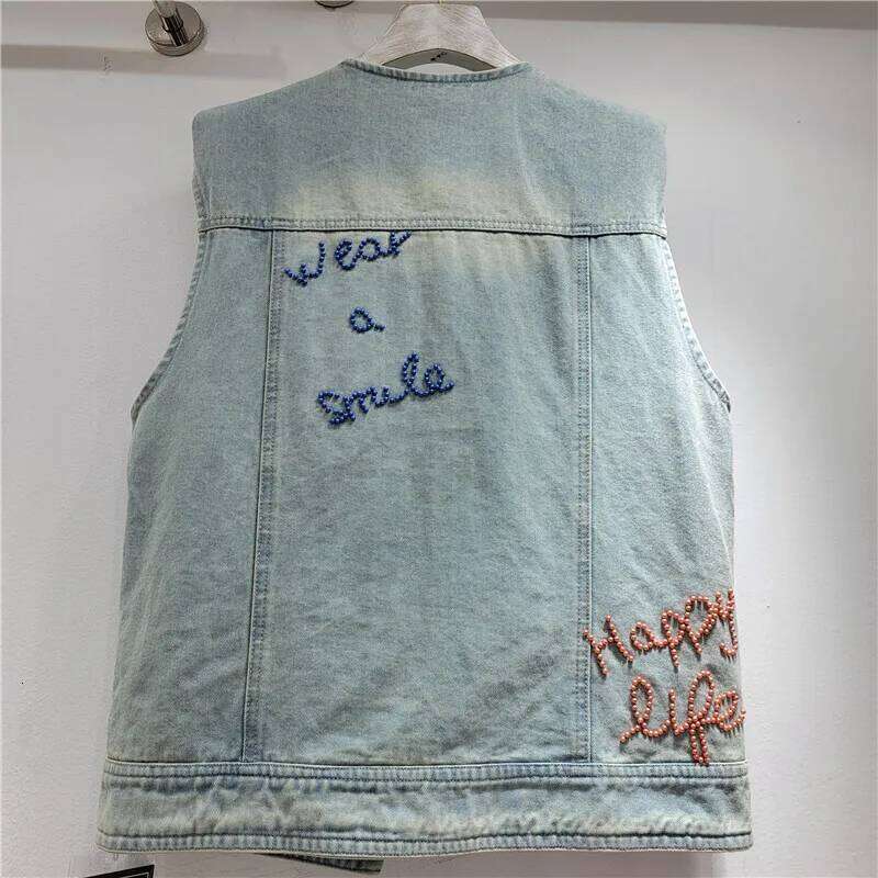 Women's Denim Waistcoat Colorful Letters Beaded Sleeveless O-Neck Single Breasted Vest 2025 Summer New Fashion 29A1497