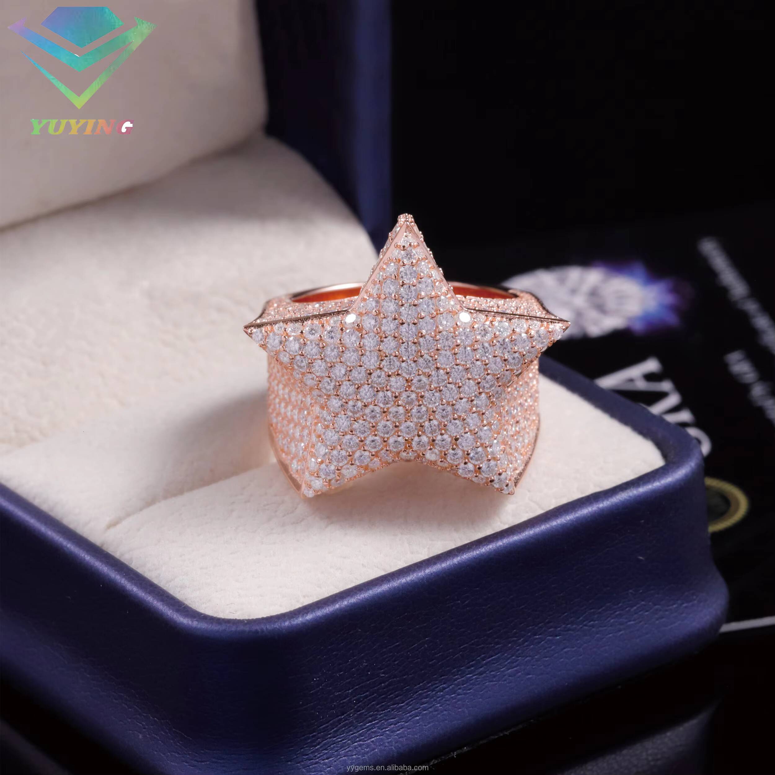 Fashion Hip Hop Lucky Star Fine Jewelry Full Iced Out Gold Plated 925 Sterling Silver VVS Moissanite Diamond Star Ring Men Women