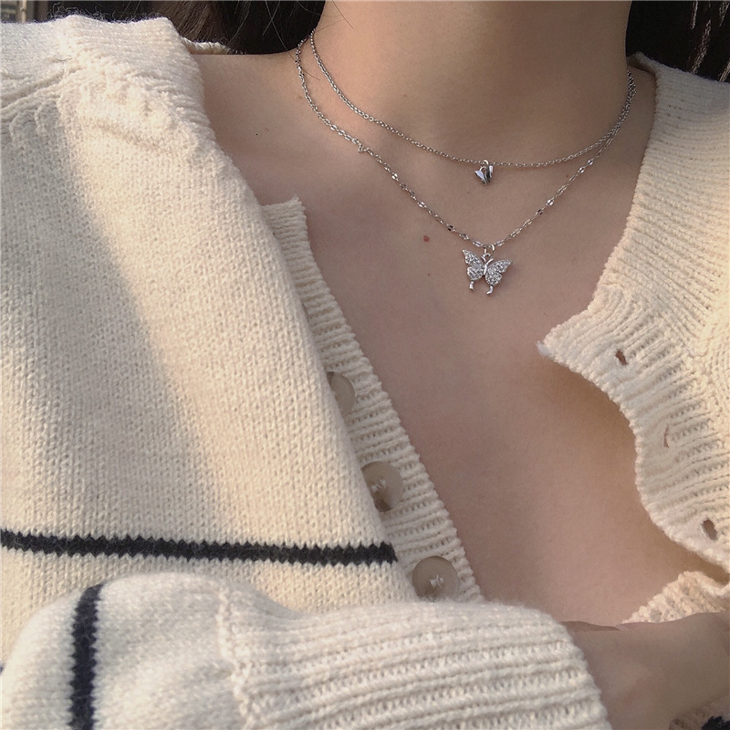 New Trendy Women's Double Layer Rhinestone Butterfly Necklace Collarbone Chain Niche Design Sense Elegant Simple Pendant Jewelry for Women