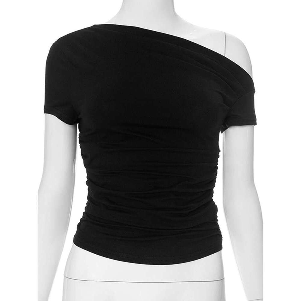 Y23tp747 Women's Spring New Solid Color Off-Shoulder Short Sleeve Ruched Crop Top T-Shirt B5