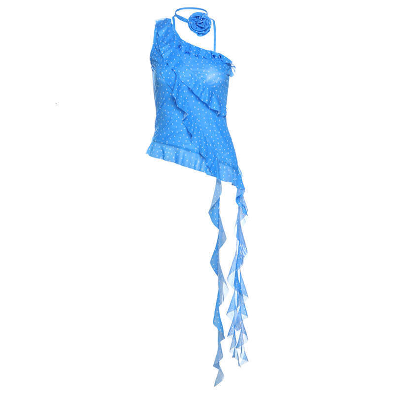 2025 Summer New White Spotted Irregular Ruffle Halter Neck Slim Fit Versatile Camisole cd1