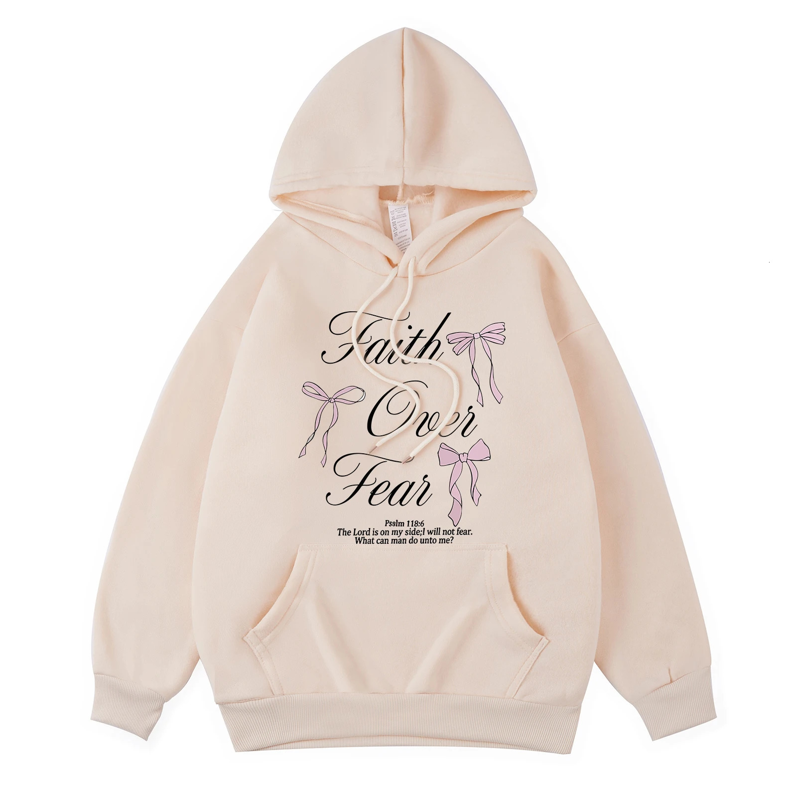 Pink Bow Faith Over Fear Printing Hoodie Winter Fleece Warm Hooded Fashion Pocket Tops Comfortable Loose Woman Clothes 250725