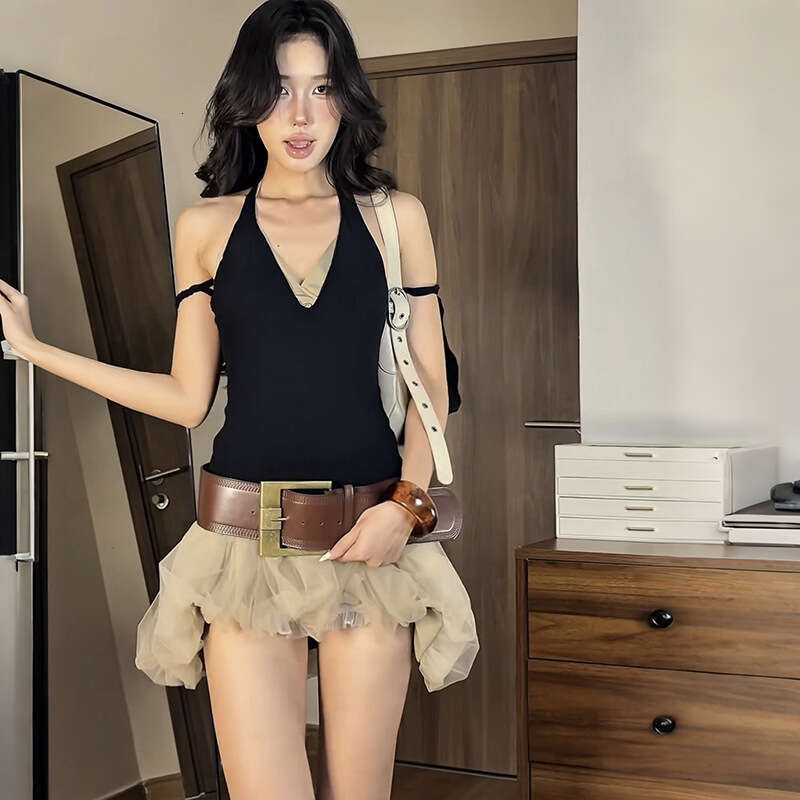 2025 Summer New Halter Deep V Slim Sexy Versatile Top High Waist Bodycon Mini Skirt caf