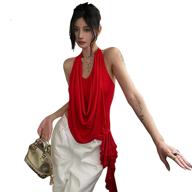 2025 Summer New Fashion Trend Solid Color Halter Neck Slim Fit Irregular Ribbon Versatile Women's Top e02