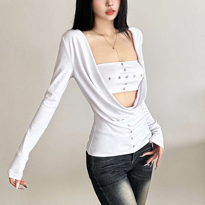 2024 Autumn New Women's Solid Color Tube Top Vest Fashion Long Sleeve Blouse Two-Piece Set 67c
