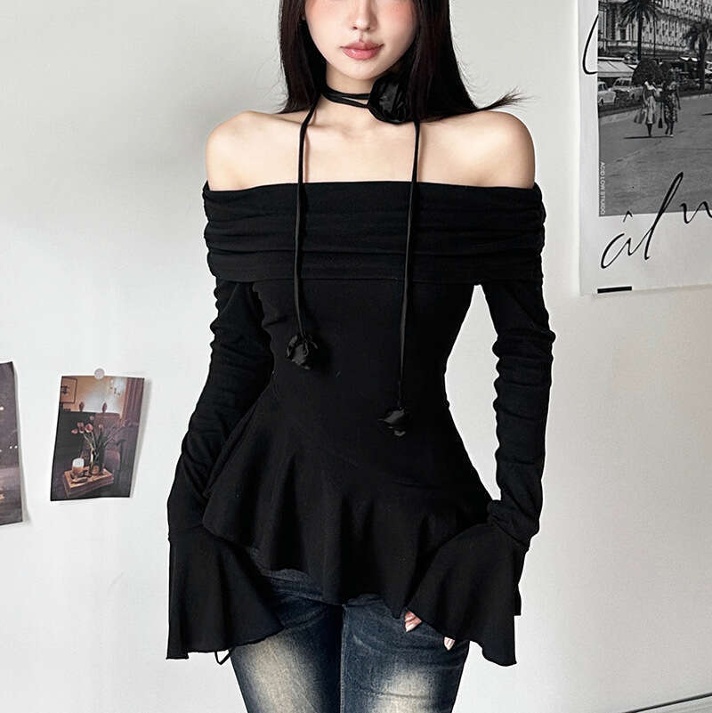 2023 Autumn Winter New Women's Street Fashion Solid Color Off-Shoulder Long Sleeve T-Shirt 710