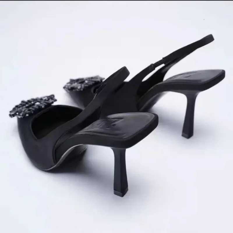 2024Black Rhinestone High Heels Slingback Stiletto Sandals Woman Pumps Fashion Female Red Green Heeled Z250725