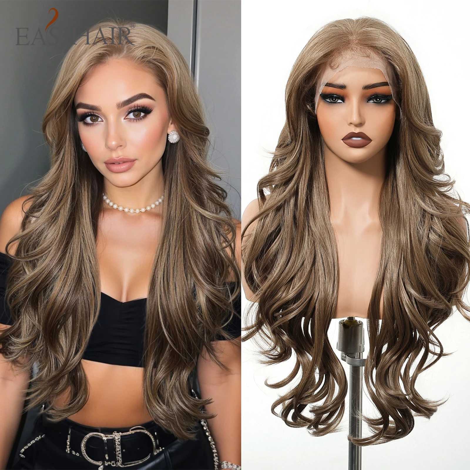 EASIHAIR Long Wavy Curly Brown Synthetic Wigs for Women 13*4 Lace Frontal Wigs Natural Hairline Chocolate Brown Lace Hair Wigs 250715