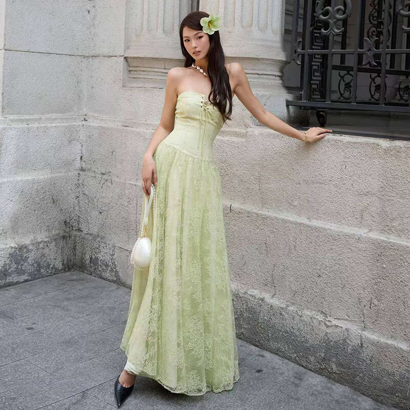 2025 Summer New Strapless Mid-Length Fresh Slim Fit Elegant Slimming Waist Mesh Dress for Women 10d