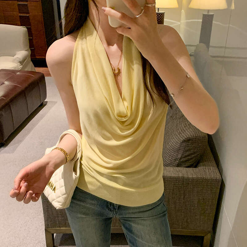 SXZY 2025 Summer New Fashion Swing Neck Halter Twist Knot Beautiful Back Design Hollow Knitted Sleeveless Vest Top for Women