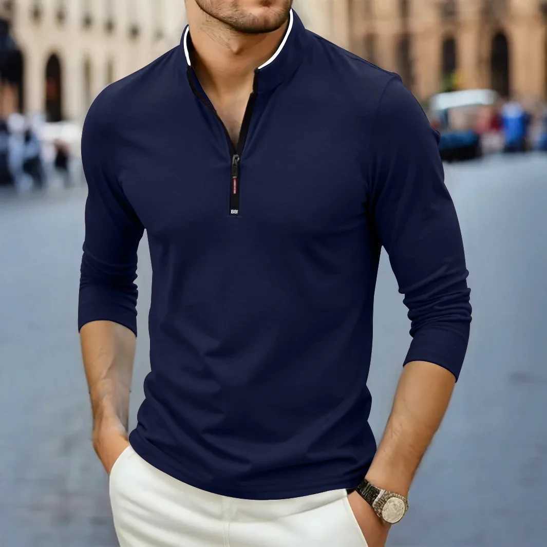 2025 New Mens Casual Fashion Solid Color Long Sleeve Polo Shirt Stand Up Collar Versatile Comfortable Top XJ250725