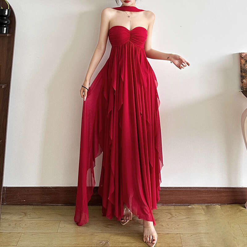 2025 French Style Halter Chiffon Sexy Strapless Backless Irregular Ruffle Long Dress 926